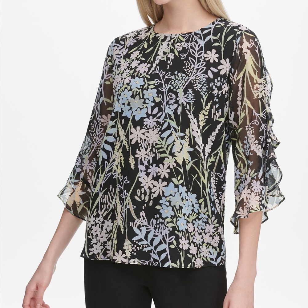 COPY - Calvin Klein Floral-Print Ruffle-Sleeve Blouse XL